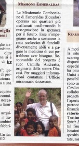 Missione Esmeraldas , Madre Camilla Andreatta, Diocesi di Latina, Bacheca delle proposte di fraternità 2015